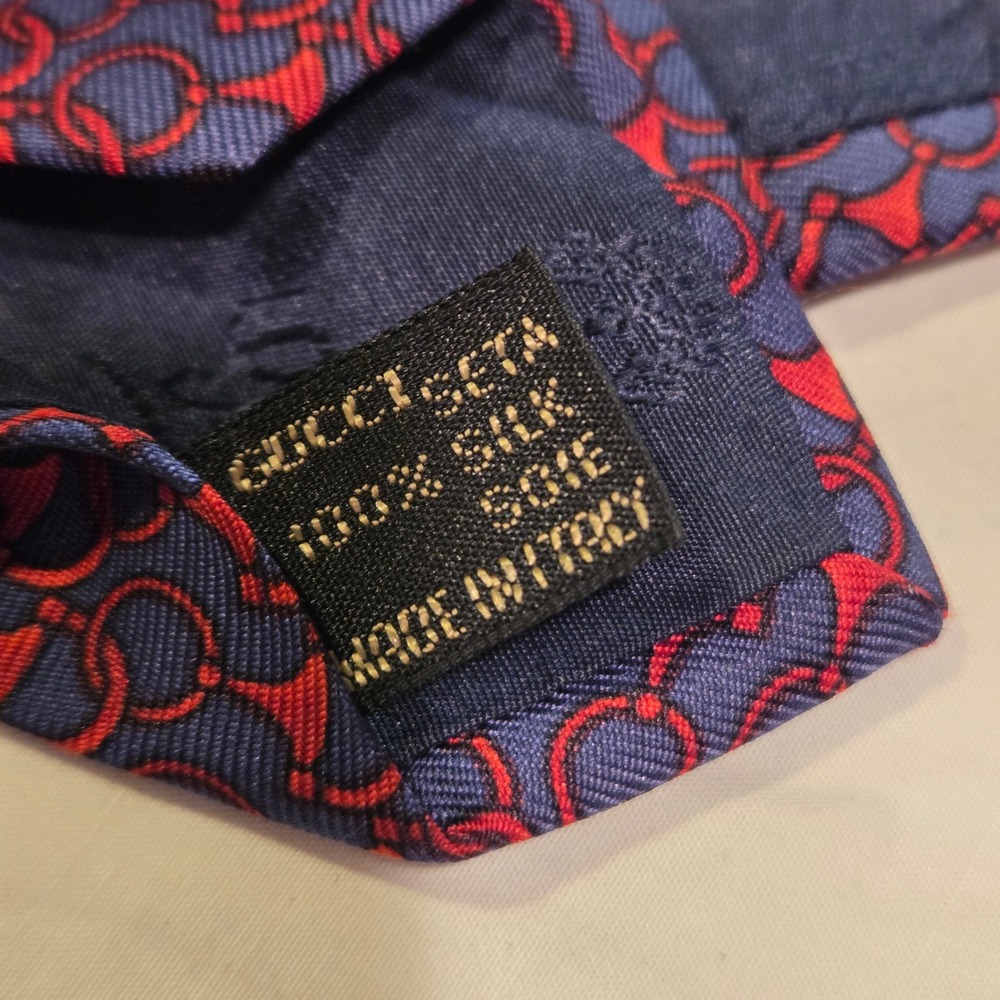 Vintage Gucci 100% Silk Necktie Horsebit Pattern, Made In Italy, Red Blue - Picture 5 of 10
